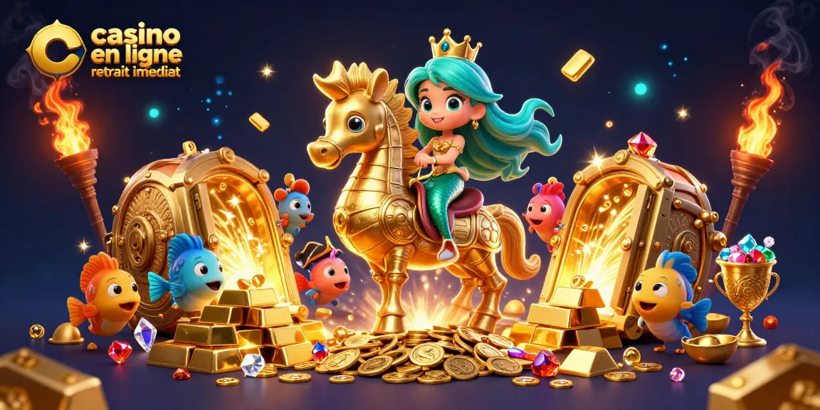 Plongez dans l'univers du casino en ligne retrait immédiat avec une princesse sirène et un hippocampe en or.