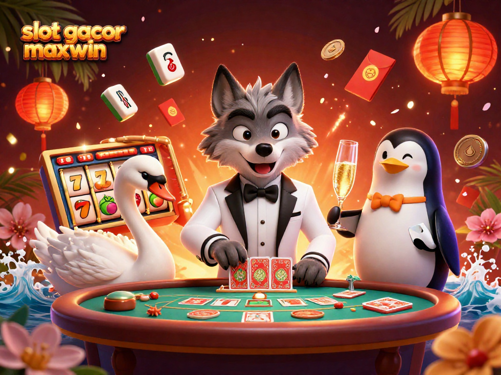 Slot gacor maxwin dengan karakter animasi kasino berinteraksi di meja baccarat.