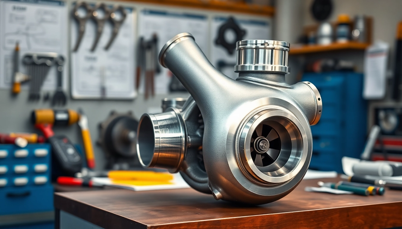 Magnificent Turbosmart billet turbo showcased in a workshop surrounded by tools, emphasizing performance.