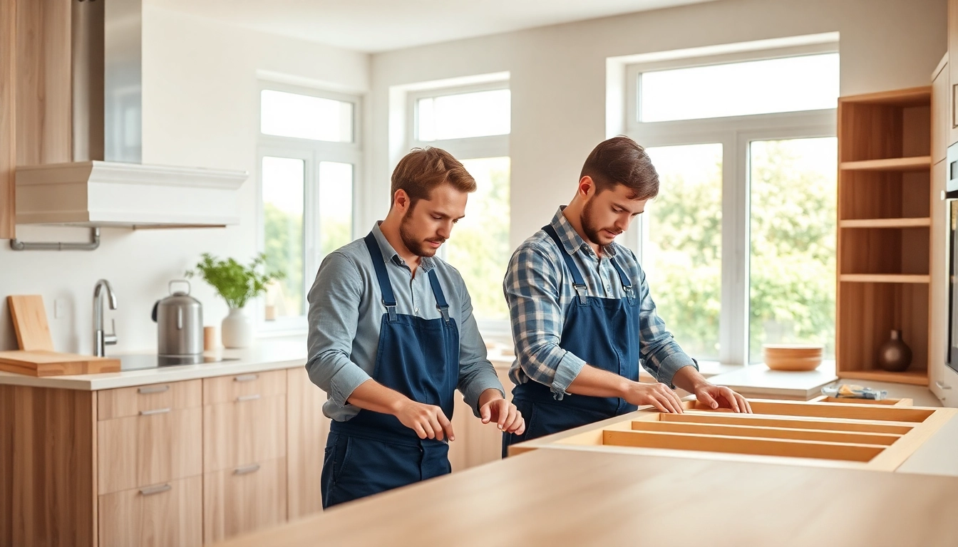 Kitchen fitters expertly assembling cabinets in a bright, modern kitchen environment.