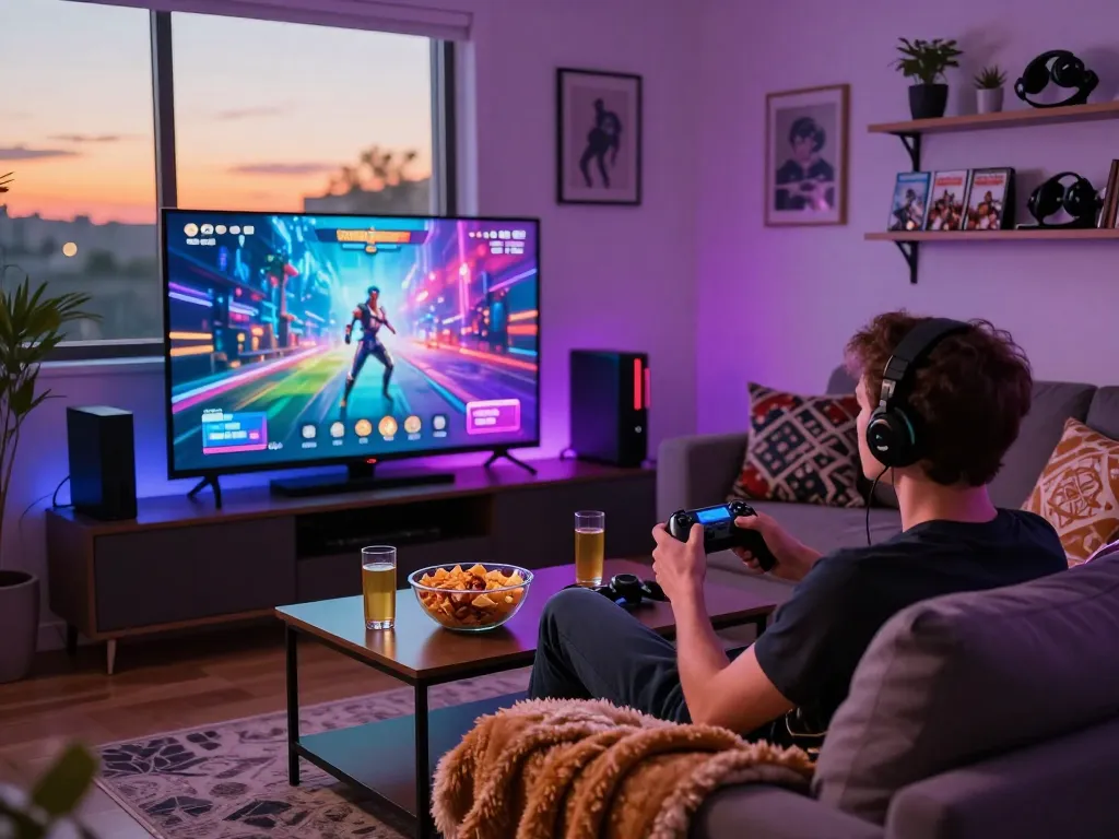 Exciting living room gaming setup showcasing a player enjoying porn game online with vibrant decorations.