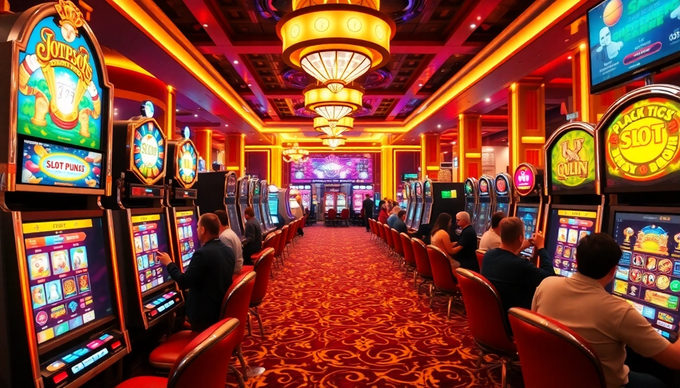 Adegan menarik para pemain yang antusias menggunakan mesin slot pulsa di kasino yang ramai, menangkap sensasi perjudian.