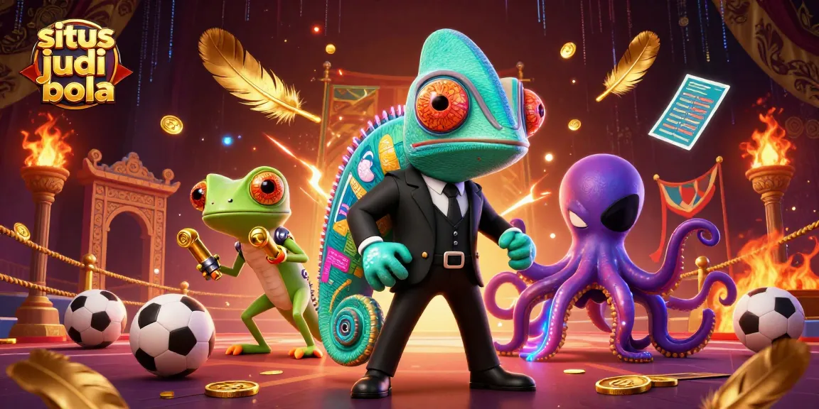 Engage in situs judi bola action with a dynamic illustration featuring a chameleon agent, gecko tech, and an octopus villain.