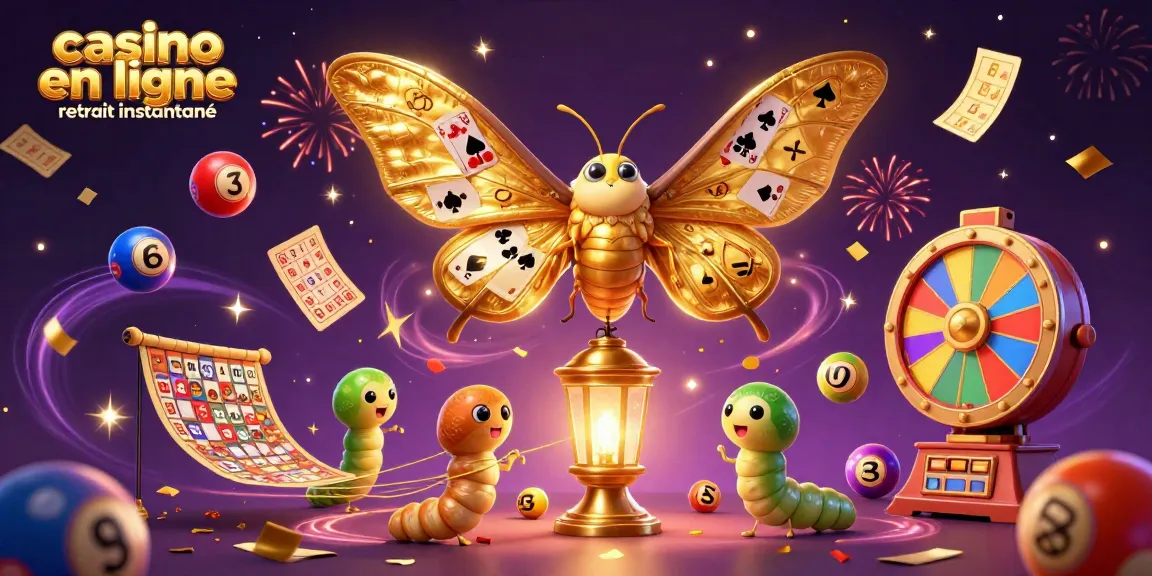 Illustration captivante sur le thème du casino en ligne retrait instantané avec papillon et jeux chanceux.