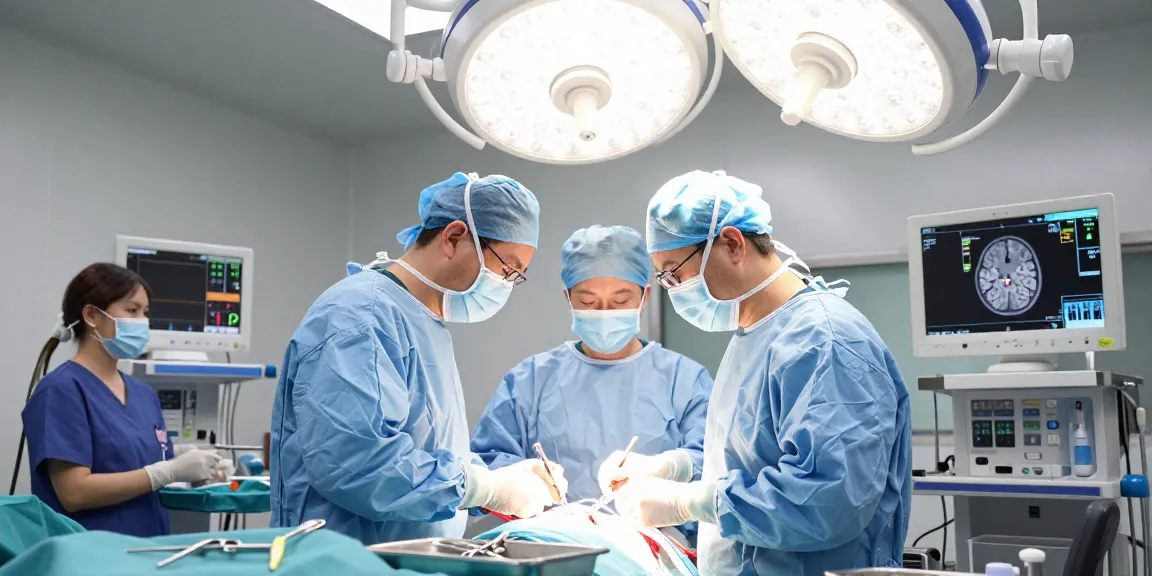 Beyin tümörü ameliyatı in a modern surgical environment with experienced team members focused on patient under bright lights.