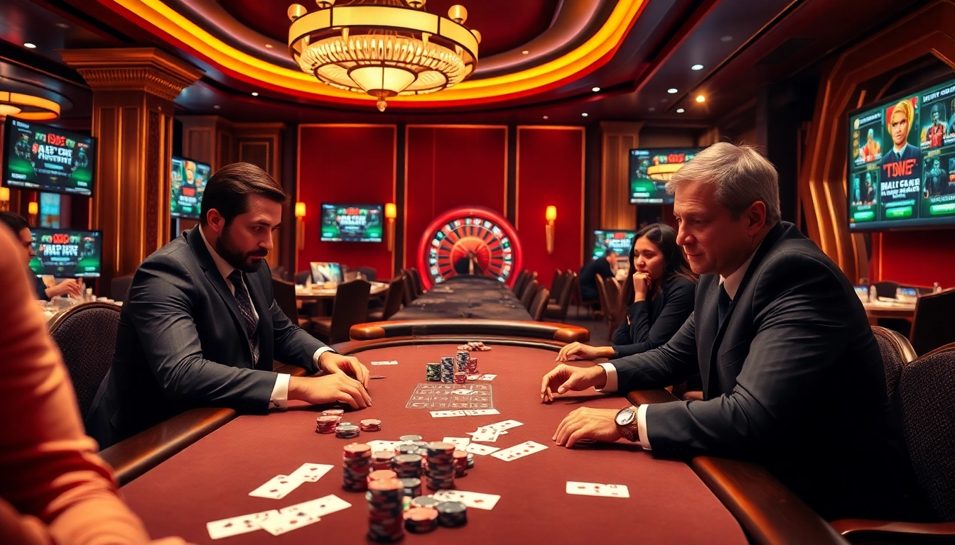 Intense poker game at https://kkwinzz.com/ showcasing luxury and excitement in a vibrant casino.