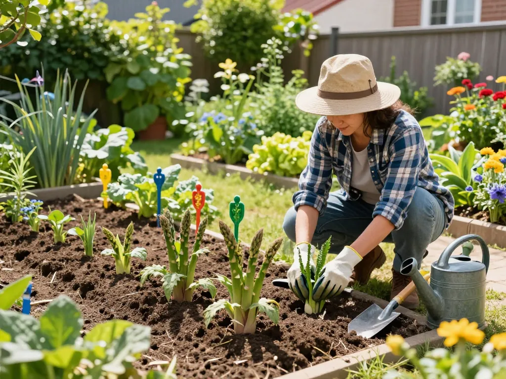 Gardener cultivating asparagus in a sunny garden, showcasing the asperges moestuin theme with vibrant plants and tools.
