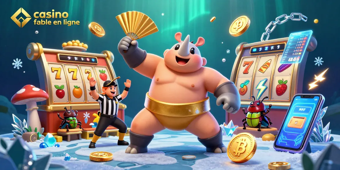 Jouez avec le casino fiable en ligne, illustrant un combat au sumo cartoon avec des symboles de machines à sous.