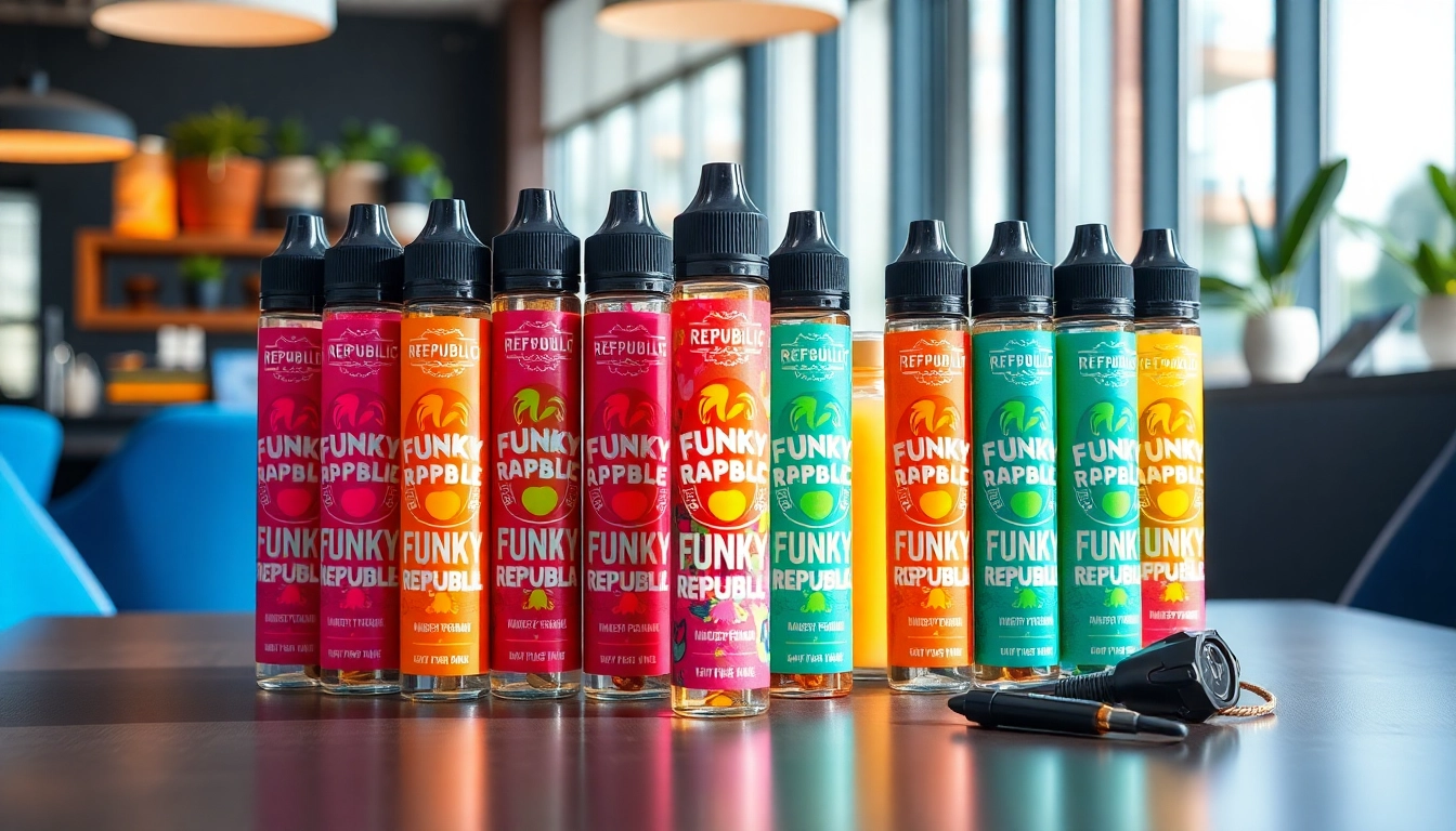 Explore funky republic vape flavors showcased with vibrant colors and stylish design elements.