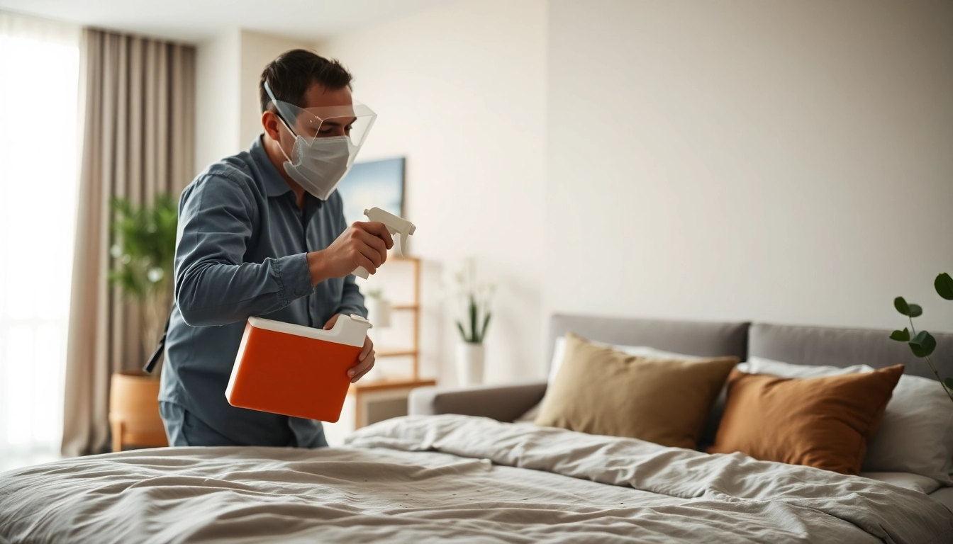 Exterminator administering bed bug treatment in a cozy apartment setting.