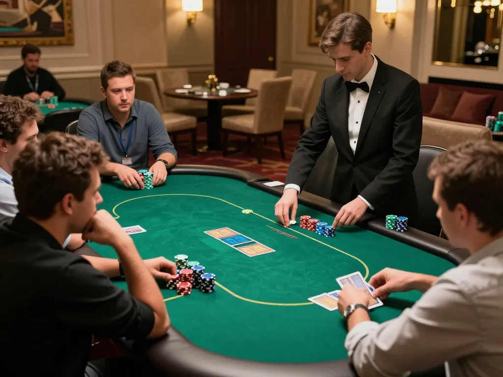 Engaged players making a deposit 1k bet at a high-stakes poker table in a luxurious casino atmosphere