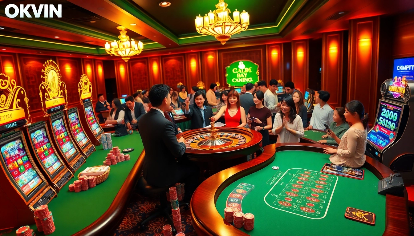 Experience the thrill of online gaming with Nhà cái OKWIN, showcasing vibrant casino elements and engaging gameplay.