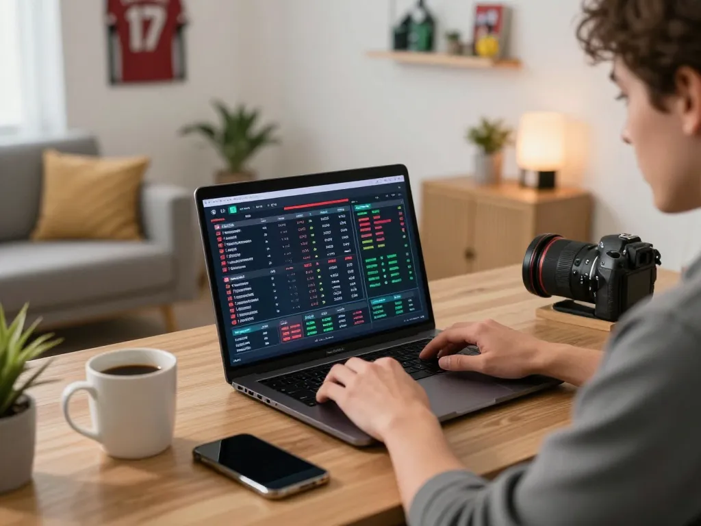 KQBD sports betting action with user analyzing live statistics on a laptop in a cozy home office.