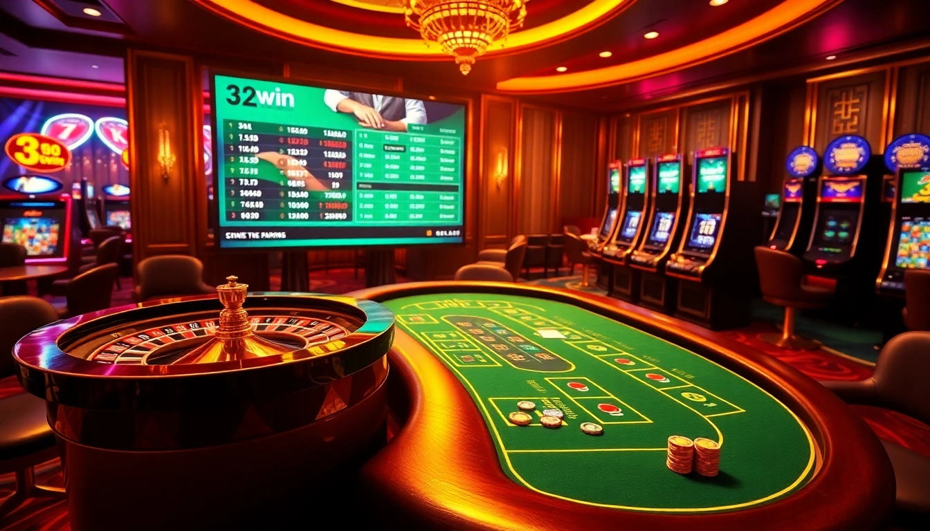 Betting in a vibrant casino scene at 32win with slot machines and roulette.
