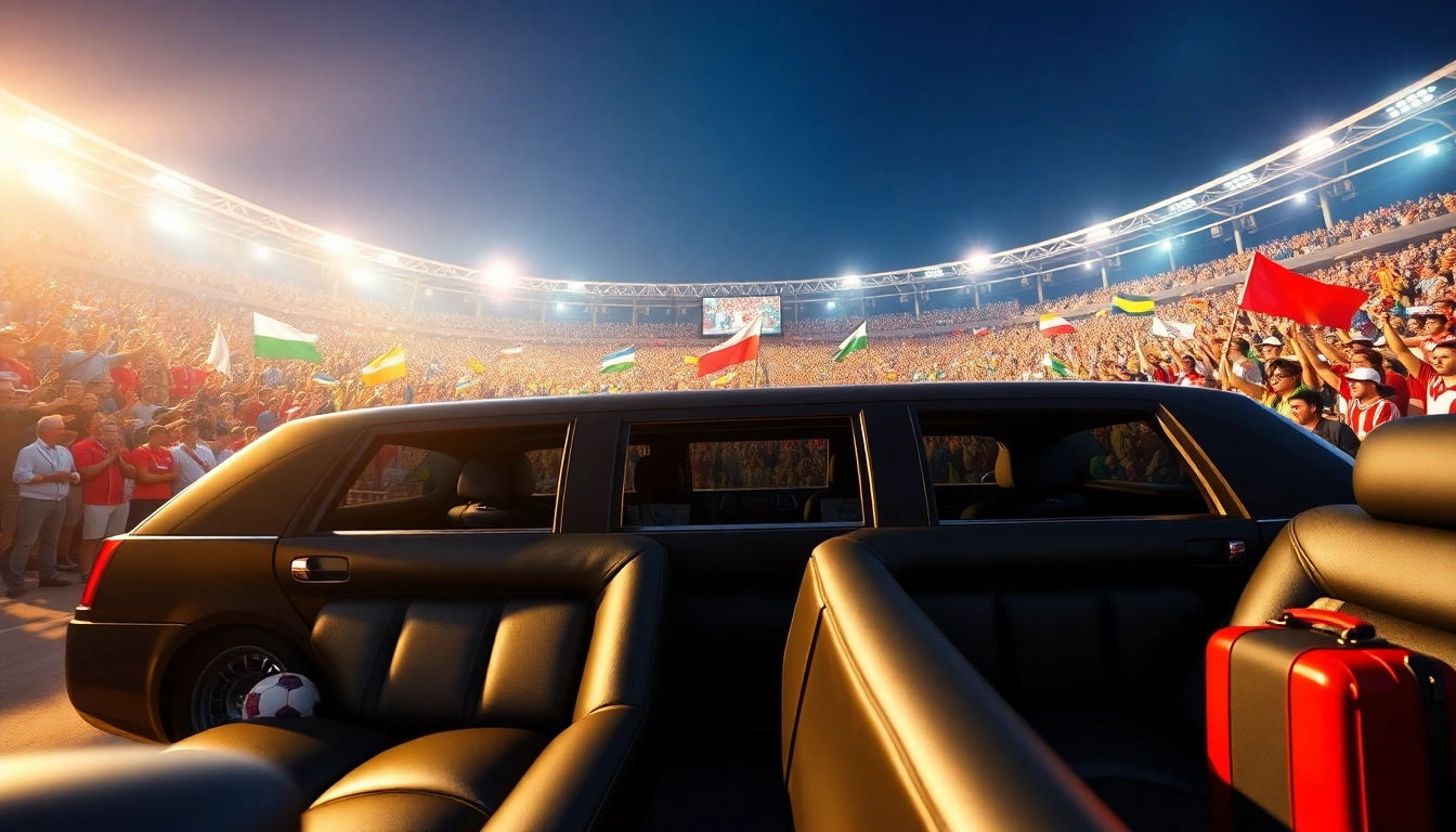 World Cup Group Transportation with luxurious limousine outside the stadium filled with excited fans.