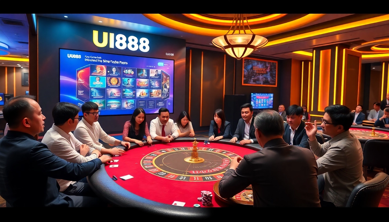 UU88 players enjoying a thrilling game at a luxury casino table with vibrant colors.