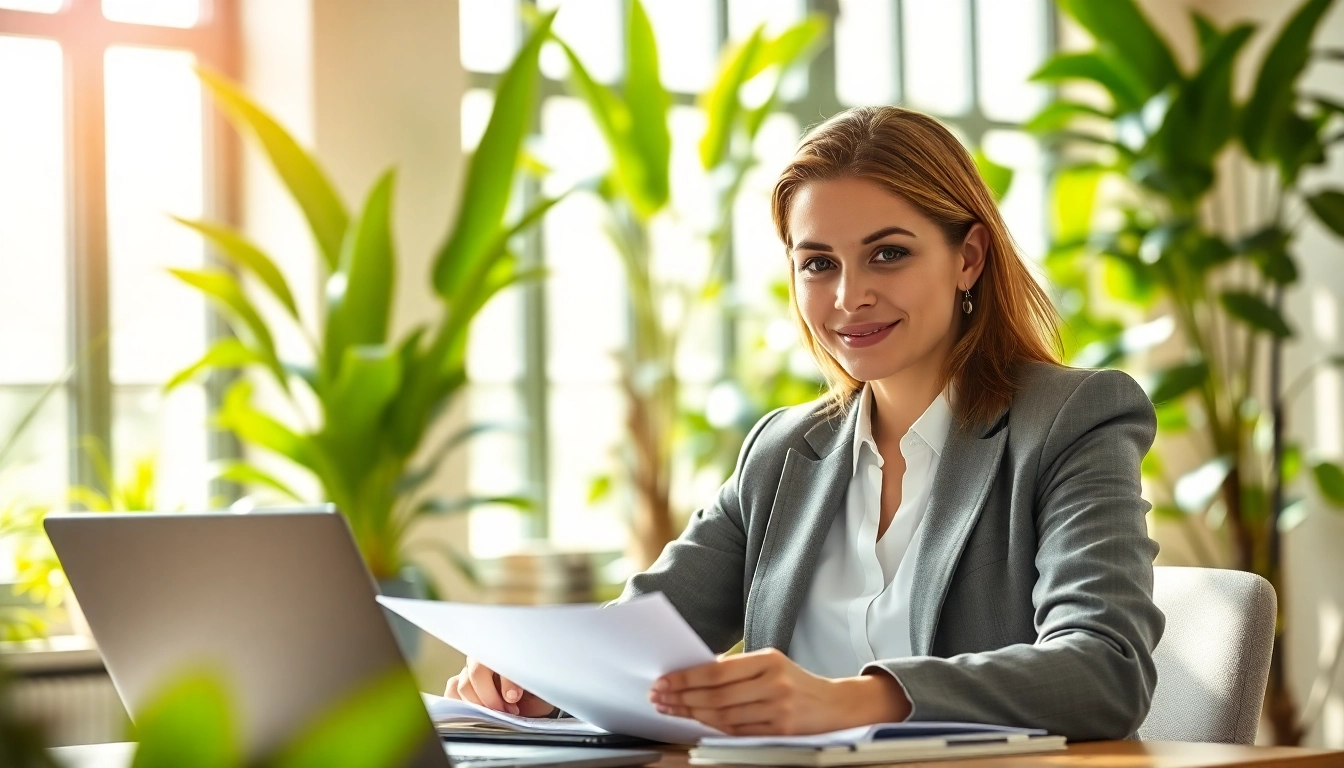 Environmental lawyer analyzing documents in a bright office with greenery.