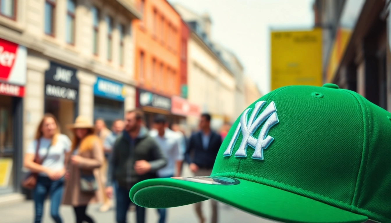 Muestra la gorra new era verde en un entorno urbano moderno, destacando su color vibrante.