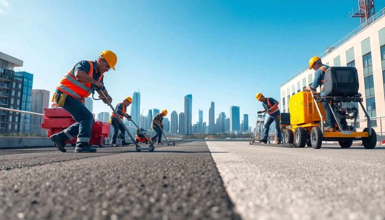 Applying surfacing solutions with skilled workers at a modern urban construction site.