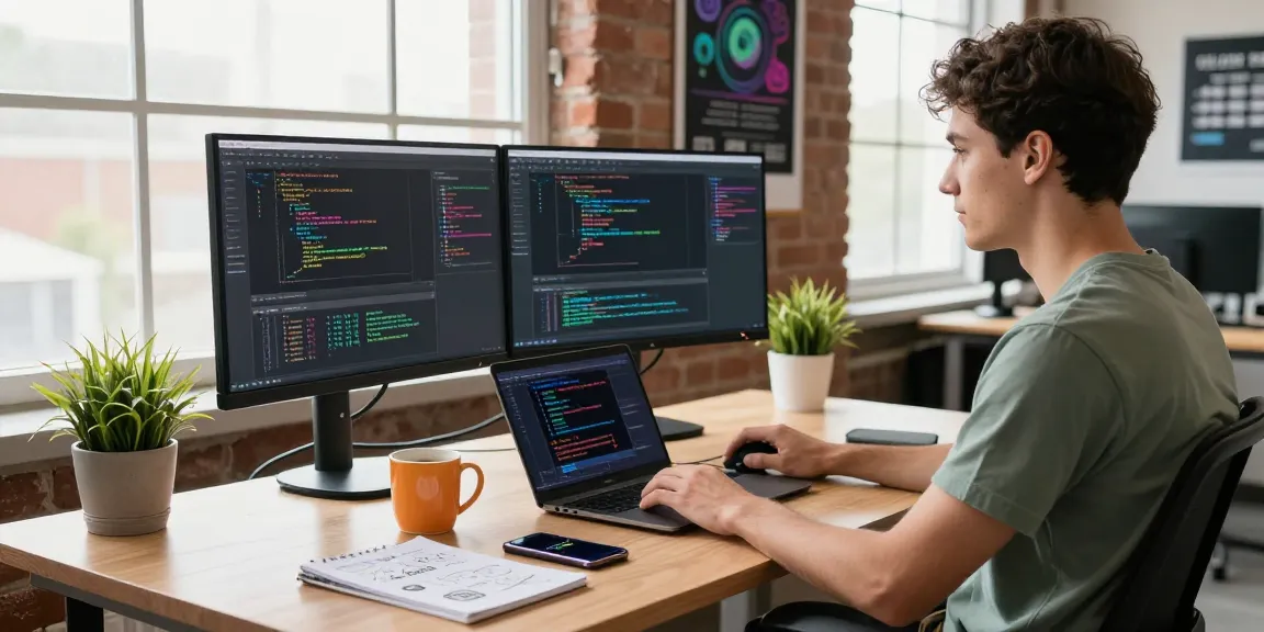 Developer coding in a bright workspace, showcasing the 纸飞机中文版 app on screens for a productive tech environment.