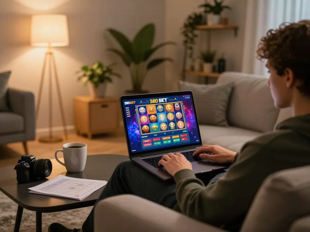 Sit at home engaging with SBO BET online games using a laptop, showcasing responsible gambling.