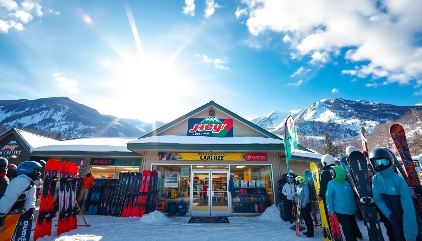 Shop at the best ski store in New Hampshire featuring colorful ski gear amidst a snowy landscape.
