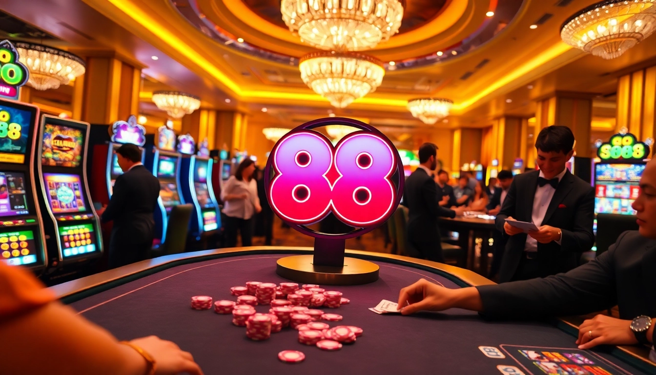 Experience the excitement of the GO 88 casino, featuring lively gaming tables and illuminated slot machines.