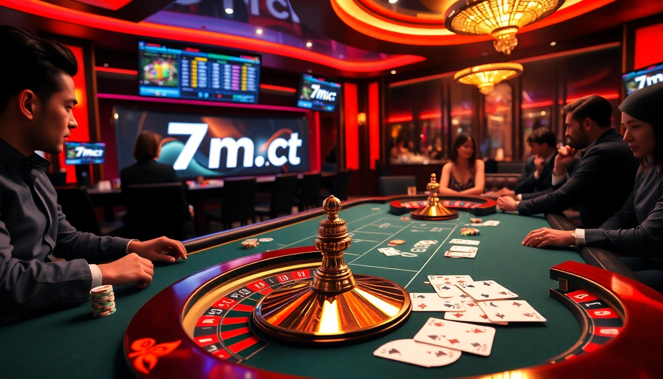 Gambling scene at a luxury casino, showcasing excitement with 7m.cn live scores and poker action.