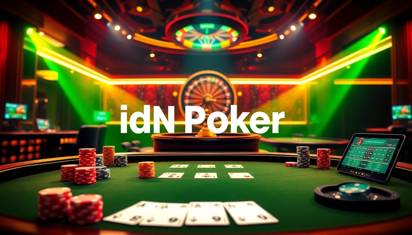 Experience idn poker in an exciting online casino atmosphere with vibrant poker tables and colorful chips.