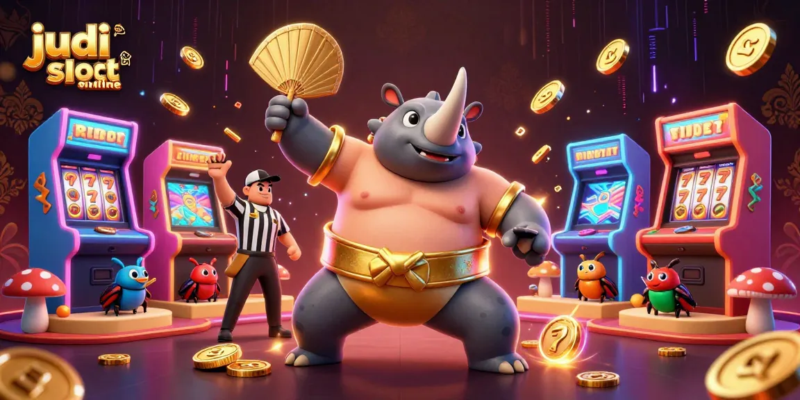 Experience electrifying judi slot online action with a rhinoceros beetle sumo champion amidst flying coins and glowing game elements.
