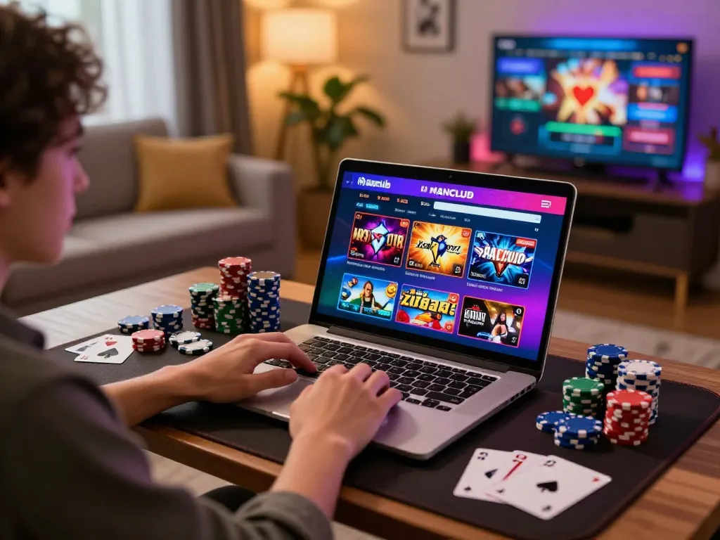 Manclub player enjoying online casino gaming at home, laptop displaying thrilling poker game interface.