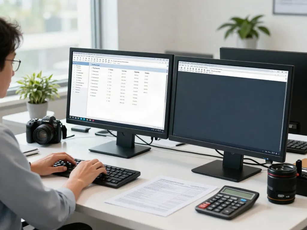 Dynamic workspace with accountant using service bureau tax software to enhance productivity.