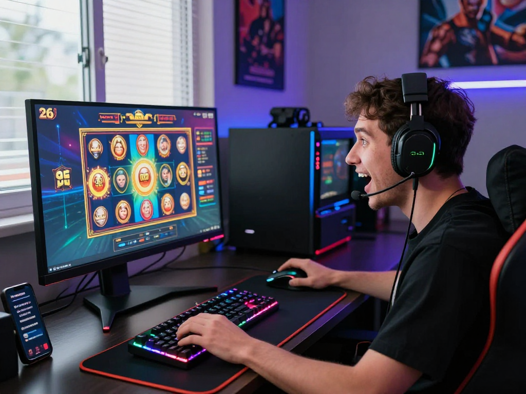 Slot 2026 - Pemain slot online bersemangat di ruang gaming modern dengan monitor dan aksesori terbaik.