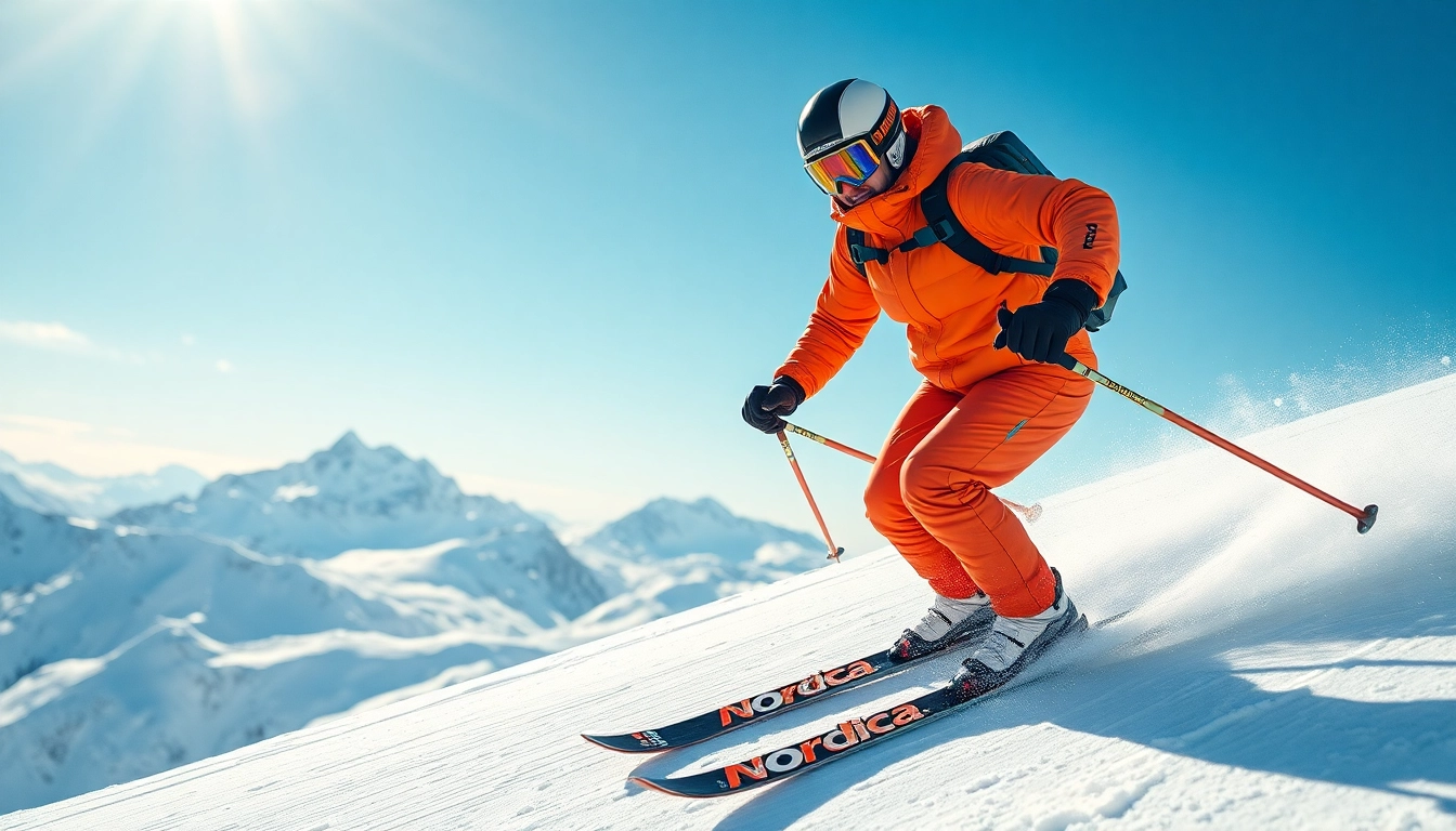 Dynamic skier demonstrating skill on nordica ski in a snowy mountain landscape.