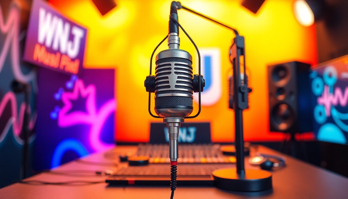 Engaging scene of WRNJ Radio studio with professional equipment, vibrant colors, and warm lighting.