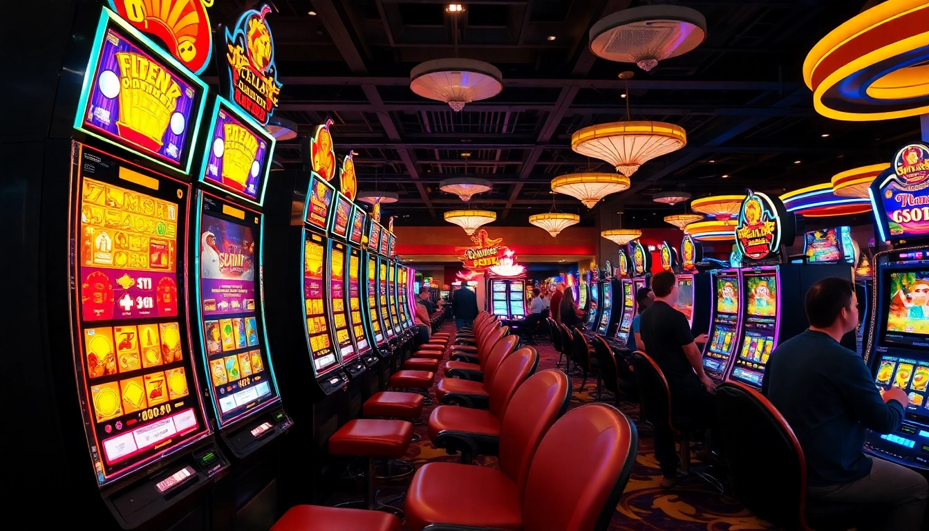 Bermain slot online di kasino penuh warna dengan mesin mengkilap dan pencahayaan menarik.