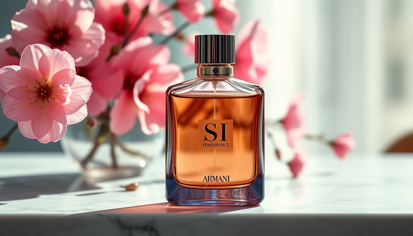 Experience the luxury of Armani si fragrance elegantly displayed with floral accents.