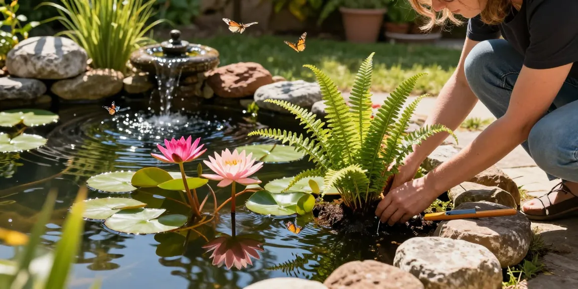 Buy Pond Plants Online at a vibrant garden pond with lush water lilies and ferns.