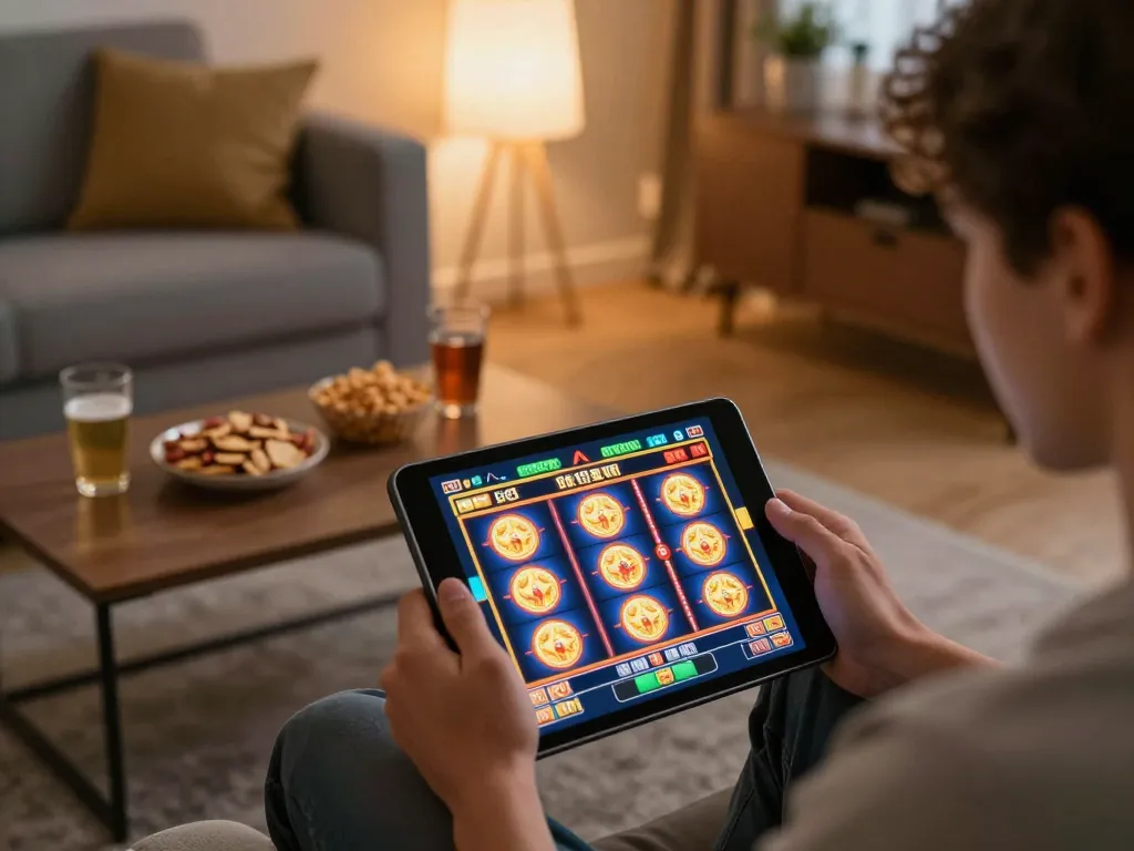 Engaging player enjoying slot77 gaming session on tablet in cozy home atmosphere.