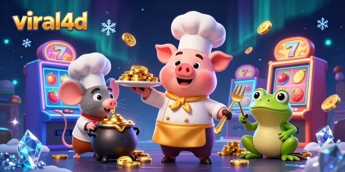 Experience the fun of viral4d with a chef pig, a mouse, and a frog surrounded by golden coins and vibrant slot machines.