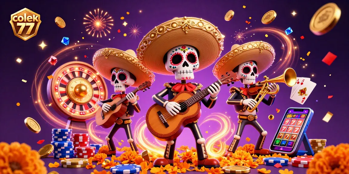 Experience the excitement of colek 77 with a vibrant Day of the Dead casino scene featuring dynamic gambling elements.