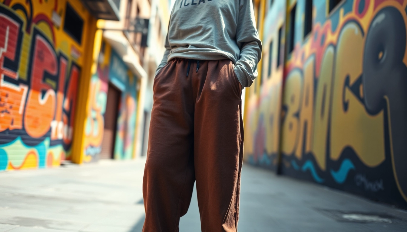 Model showcasing baggy sweatpants against a vibrant urban backdrop of street art.