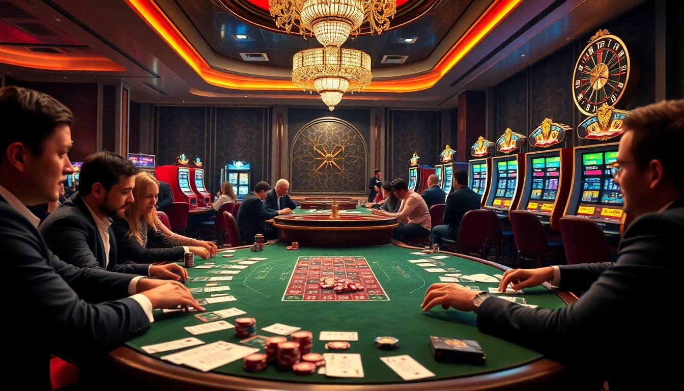 Scène captivante au meilleur casino en ligne avec des joueurs aux tables et des machines à sous vibrantes.