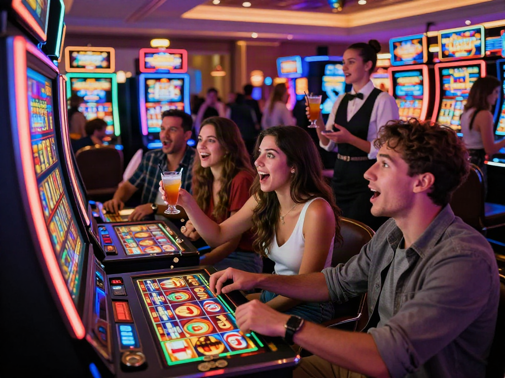 Excited players enjoying a slot bonus game at a lively Las Vegas casino with vibrant neon lights.