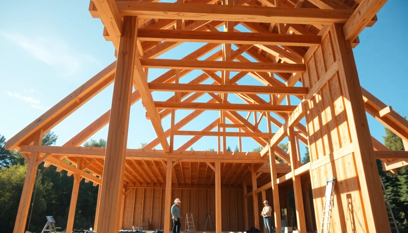 Construction workers assembling a Structural Timber Frame at a vibrant building site.