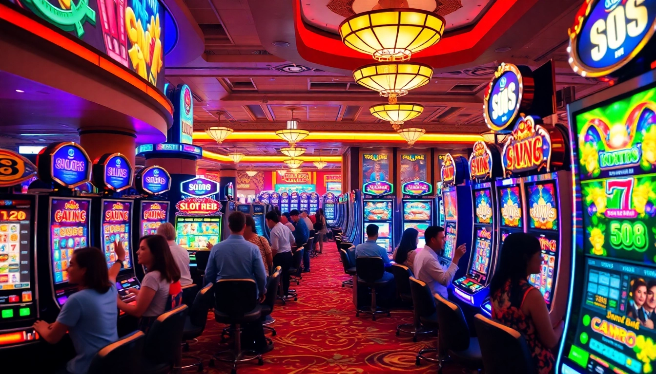 Players winning on SLOT88 slot machines in a vibrant, luxurious casino atmosphere.