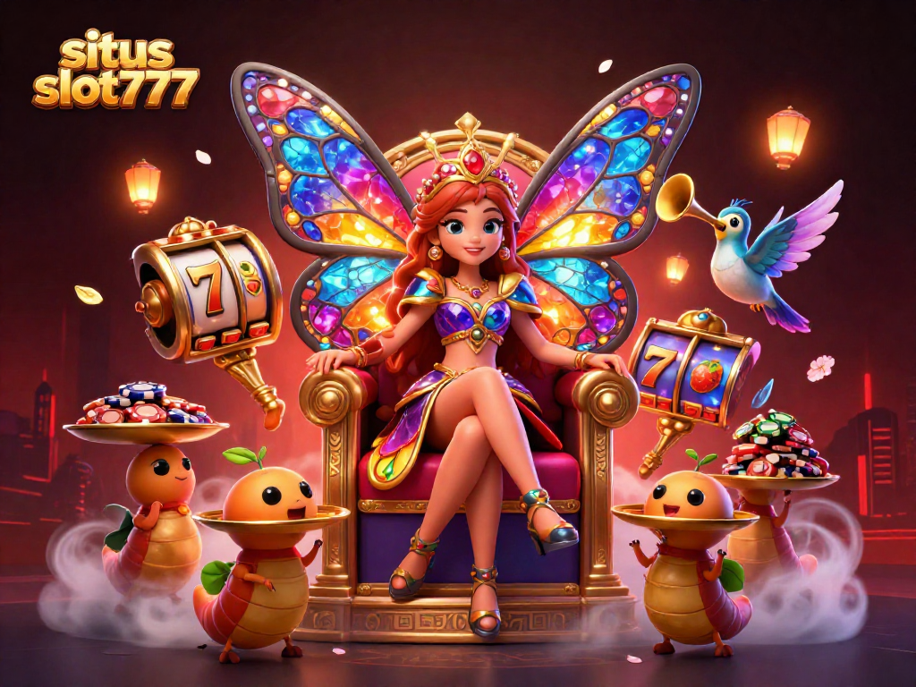 Situs slot777 showcases a vibrant 3D cartoon scene with a butterfly queen and exciting slot game elements.