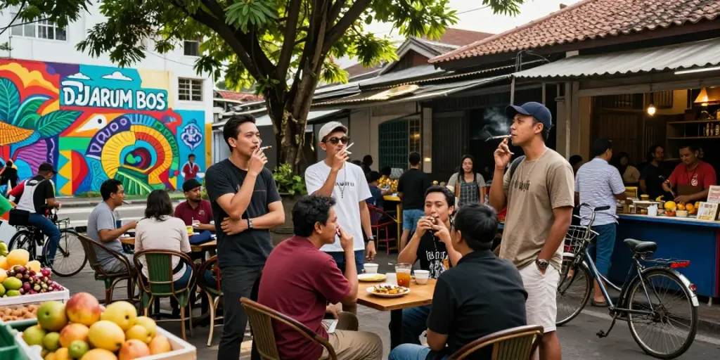 Friends enjoying DJARUM BOS clove cigarettes in vibrant Jakarta street setting