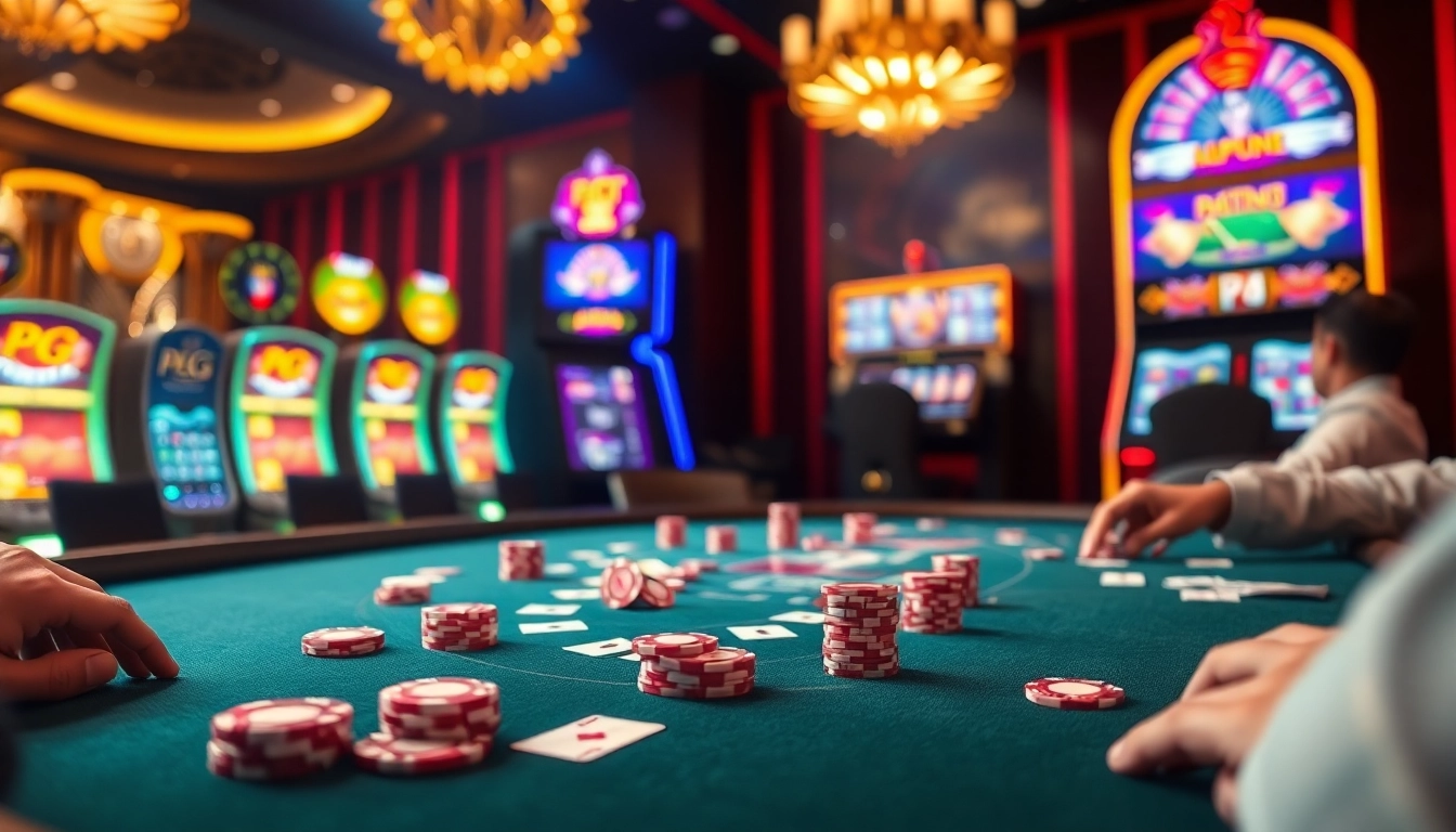Experience the thrill of PG Soft games at a glamorous poker table in a lively casino.