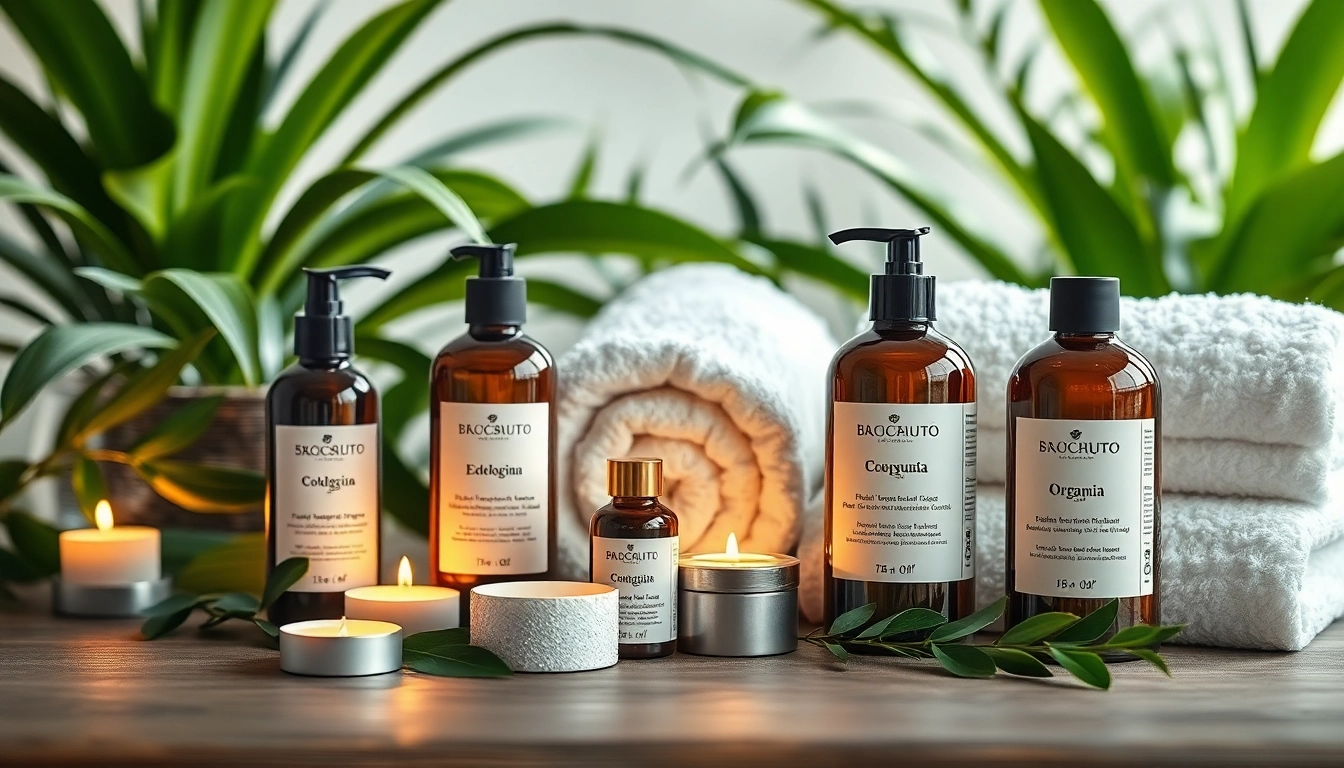 Ekologiska kosmetika produktai, išdėstyti ramiame SPA aplinkoje, su natūraliais ingredientais.